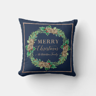 Navy Rose Gold Script Typografie Frohe Weihnachten Kissen