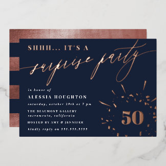 Navy & Rose Gold Script Überraschung Party Folieneinladung