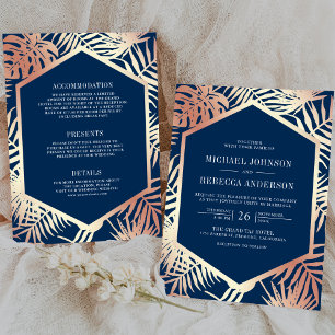 Navy Rose Gold Tropische Palme All-in-One-Hochzeit Einladung