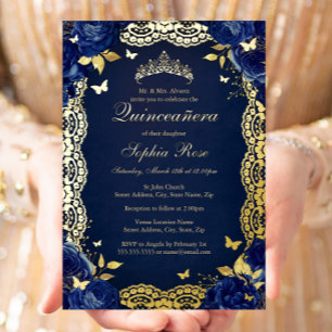 Navy Rose Lace Butterfly Quinceanera Birthday Folieneinladung