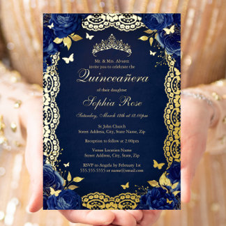 Navy Rose Lace Butterfly Quinceanera Birthday Folieneinladung