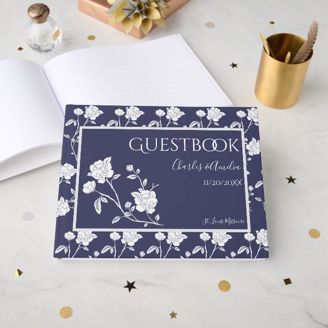 Navy Rose Wedding Guest Book Gästebuch (Vorderseite Offen)