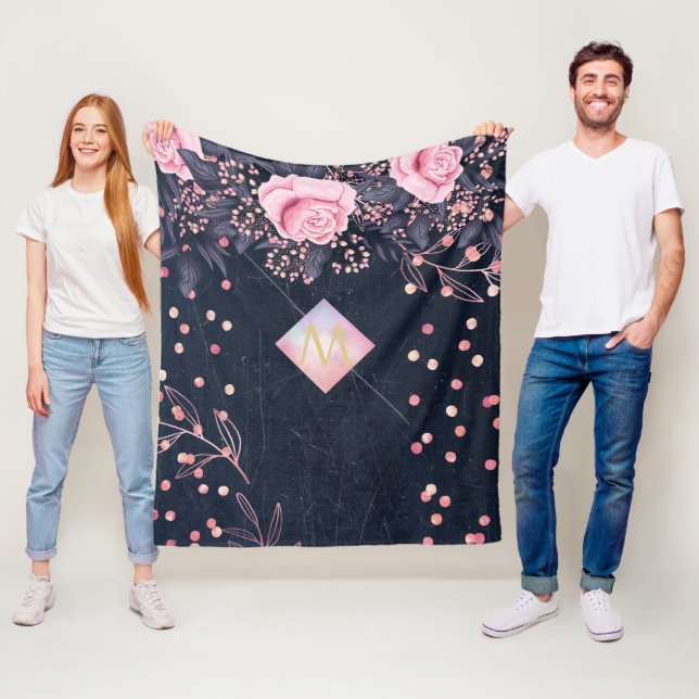 Navy Rosegold Monogram Gips Girl Floral Pink Fleecedecke (Beispiel)