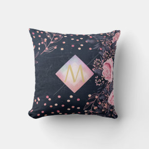 Navy Rosegold Monogram Gips Girl Floral Pink Kissen