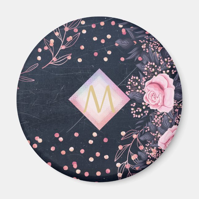 Navy Rosegold Monogram Gips Girl Floral Pink Magnet (Vorne)