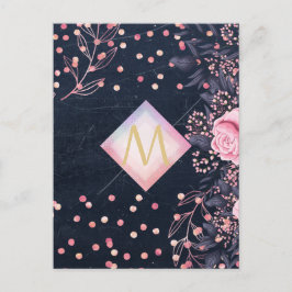 Navy Rosegold Monogram Gips Girl Floral Pink Postkarte