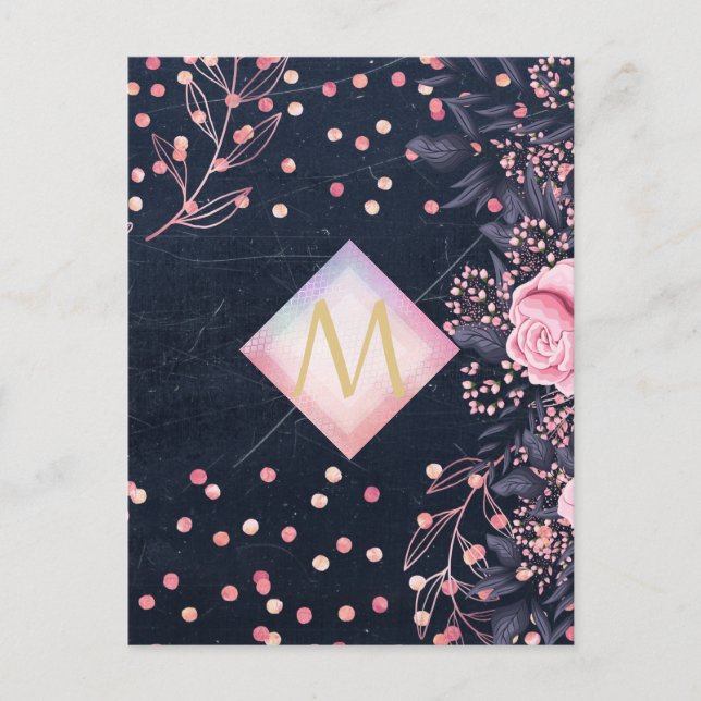 Navy Rosegold Monogram Gips Girl Floral Pink Postkarte (Vorderseite)