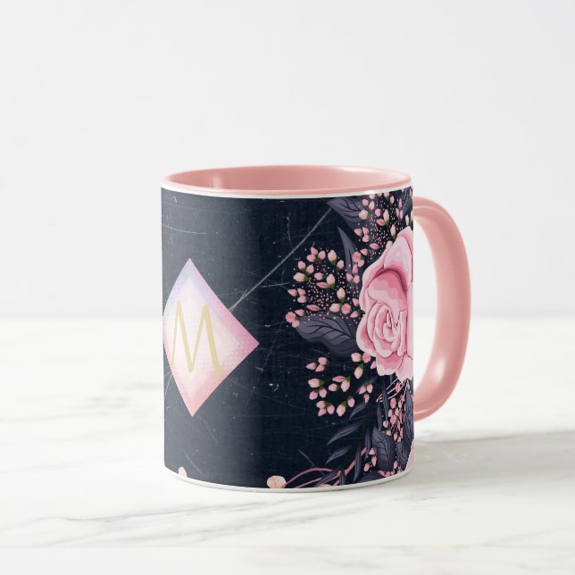 Navy Rosegold Monogram Gips Girl Floral Pink Tasse (VorderseiteRechts)