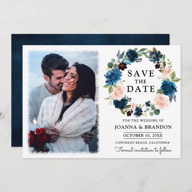 Navy Royal Blue Blues Floral Save the Date Einladung (Vorne/Hinten)