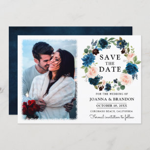Navy Royal Blue Blues Floral Save the Date Einladung