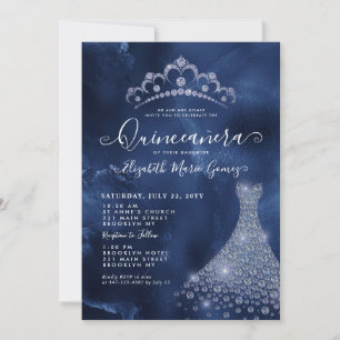 Navy Royal Blue Diamond Tiara Dress Quinceanera Einladung
