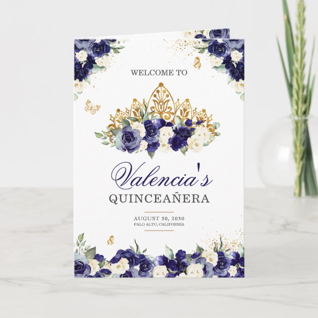 Navy Royal Blue Floral Tiara Butterfly Quinceanera Programm (Vorderseite)