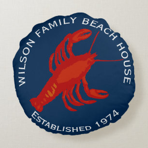 Navy-Rund Roter-Hummer-Familien-Strandhaus Rundes Kissen