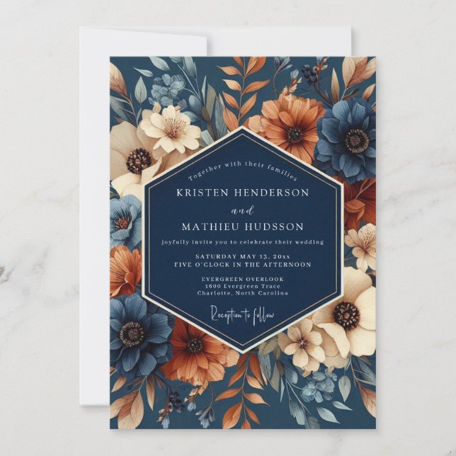 Navy Rust Artistic Flora Wedding Einladung (Vorderseite)