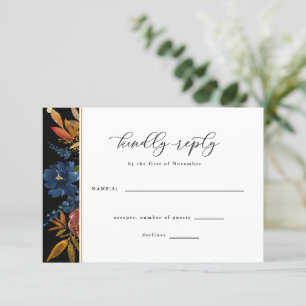 Navy & Rust Boho Blume Black Wedding RSVP Karte