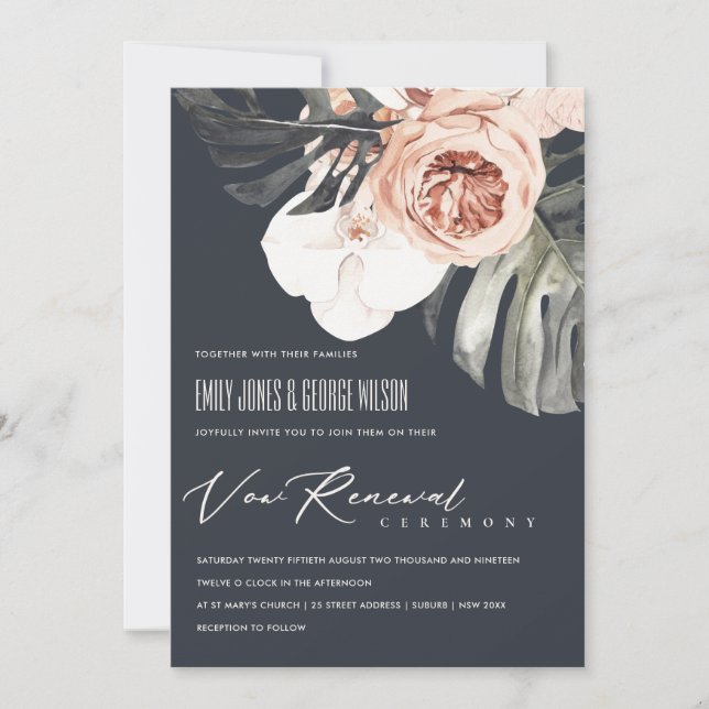 NAVY RUST FLORAL MONSTRERA LEAF VOW RENEWAL INVITE DANKESKARTE (Vorderseite)