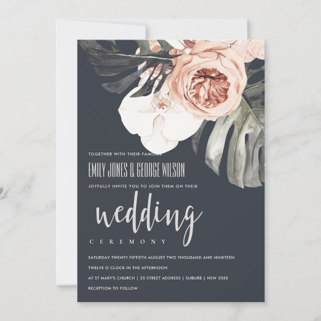 NAVY RUST FLORAL MONSTRERA LEAF WEDING INVITE DANKESKARTE (Vorderseite)