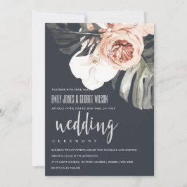 NAVY RUST FLORAL MONSTRERA LEAF WEDING INVITE DANKESKARTE