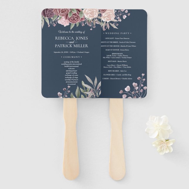 Navy Rustic Boho Dusty Rose Blume Hand Fan Fächer (Vorne und Hinten)