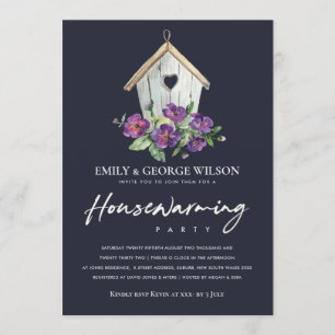 NAVY RUSTIC FLORAL BIRD HOUSE HOUSEWARMING PARTY EINLADUNG