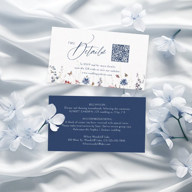 Navy Rustic Wildflower QR Code Mini Details Platzkarte (Navy Rustic Wildflower QR Code Mini Details Place Card)