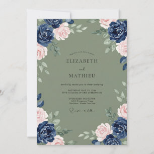Navy-Sage-Weinreben-Hochzeit Einladung