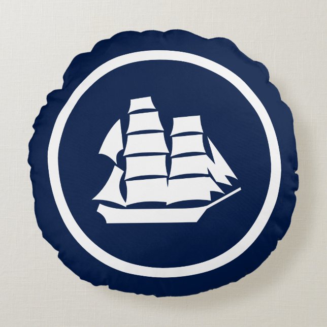 Navy-Sailboat-Seepferde nautisch Rundes Kissen (Vorderseite)