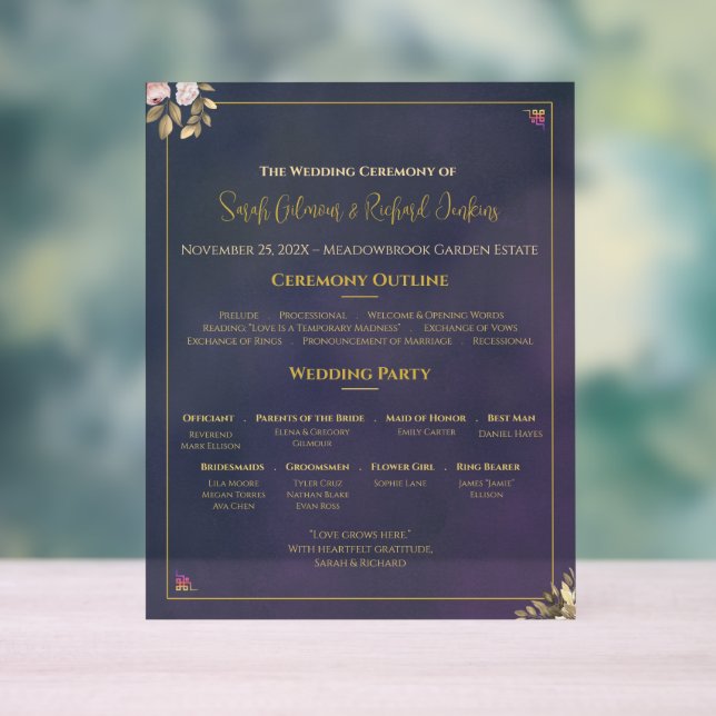 Navy-Samt-Hochzeitsprogrammtafel – Transparent Acrylschild (Neutral)