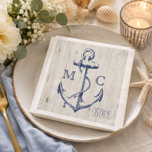 Navy Schiffsweiß Anker Rustikales Holz Monogramm Serviette
