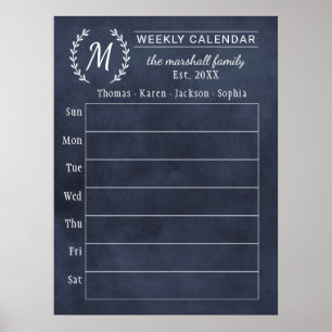 Navy-Schultafel-Wochen-Familien-Monogramm-Kalender Poster