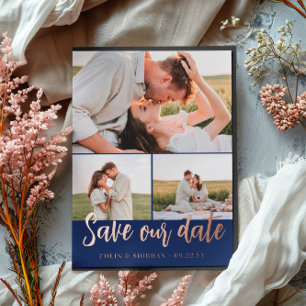 Navy Script 3 Fotos Hochzeit Rettete Unser Datum Folie Einladungspostkarte