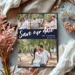 Navy Script 4 Fotos Hochzeit Rettete Unser Datum Ankündigungspostkarte<br><div class="desc">Hochzeit speichern Sie das Datum Postkarte können Sie personalisieren mit vier Ihrer eigenen Fotos,  drei kleinere und eine größere. Rett,  dass unser Datum diagonal über die Postkarte geschrieben ist,  in einem weißen Skript vor einem marineblau Hintergrund. Fügen Sie Ihre Namen und das Hochzeitstermin in einem sauberen Schriftart hinzu.</div>