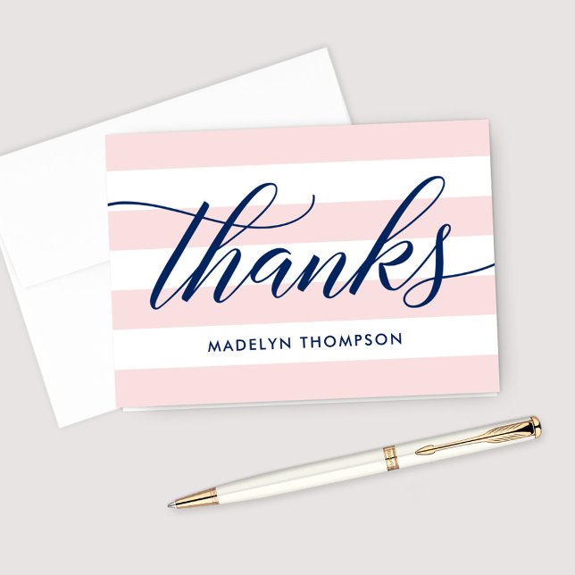 Navy Script Pink Stripes Wedding Dankeskarte (Von Creator hochgeladen)