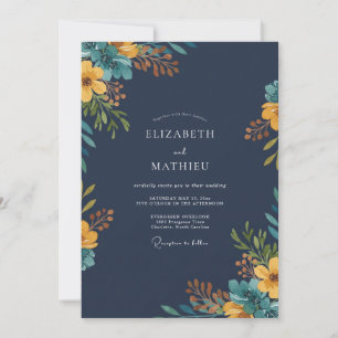 Navy Senf Wildblumen-Hochzeit Einladung