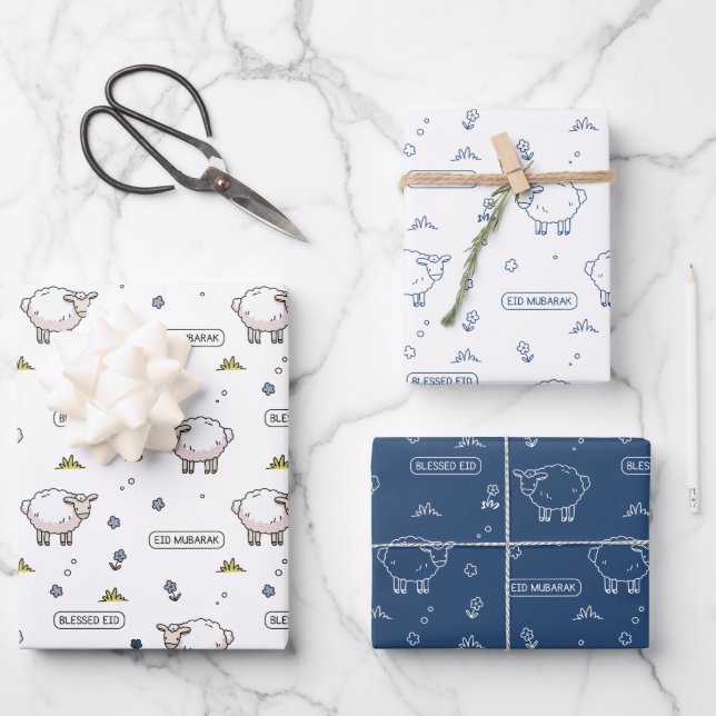 Navy Sheep Eid Mubarak Kids Geschenkpapier Set (Vorderseite)