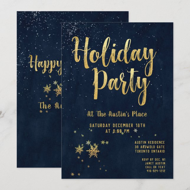 Navy & Shimmering Gold Calligraphy Holiday Party Einladung (Vorne/Hinten)