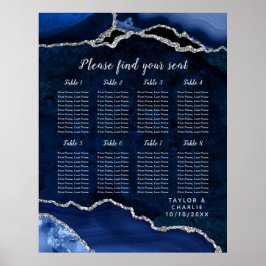Navy Silber Achat Hochzeit Sitzplan 8 Tisch Poster
