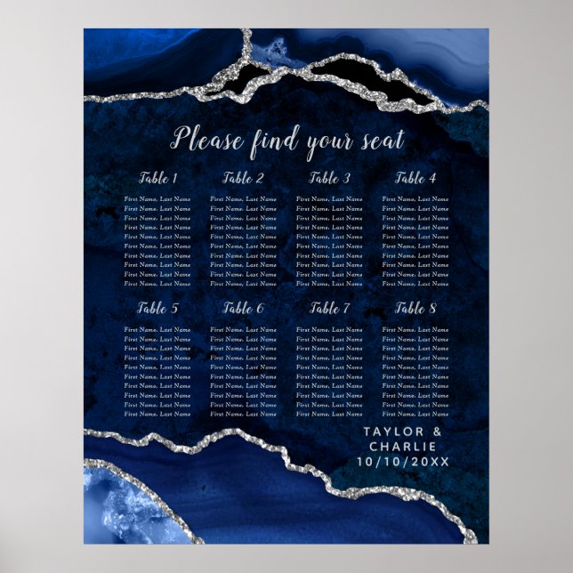 Navy Silber Achat Hochzeit Sitzplan 8 Tisch Poster (Vorne)