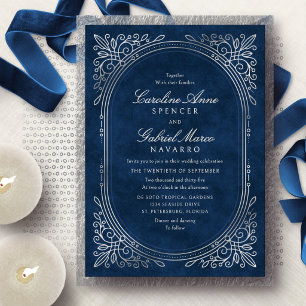 Navy Silber Art Deco Hochzeit Folieneinladung