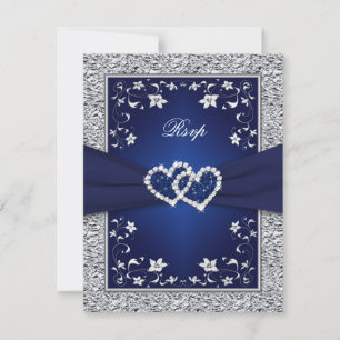 Navy Silber Blumen Herz FAKE Folien Hochzeit RSVP Karte