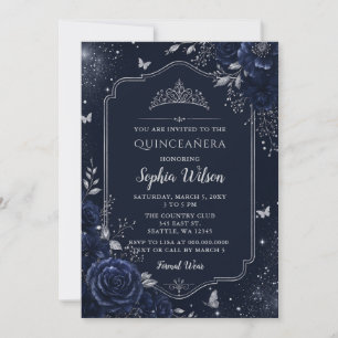 Navy Silber Blumen Schmetterling Quinceañera Einladung