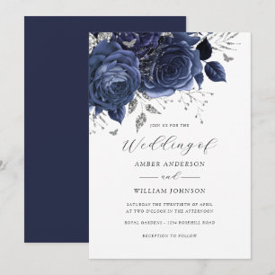 Navy Silber Blumenrose Hochzeit Einladung