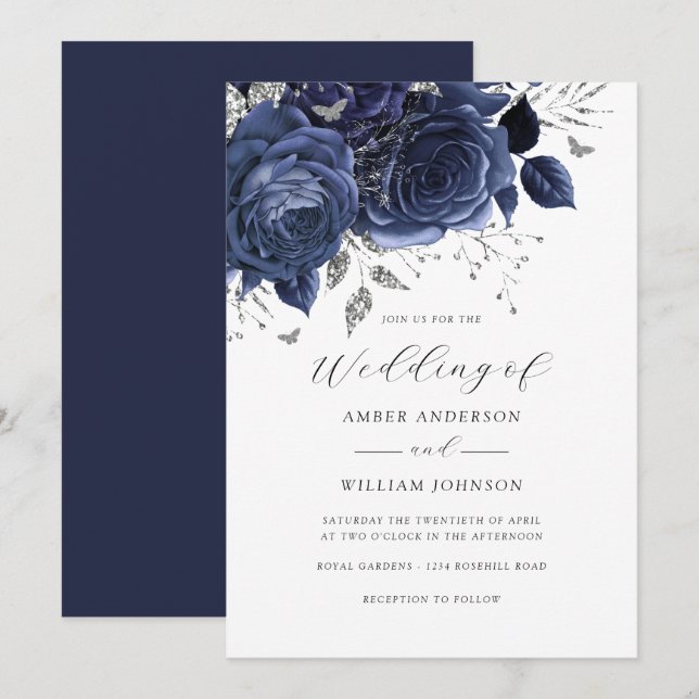 Navy Silber Blumenrose Hochzeit   Einladung (Vorne/Hinten)
