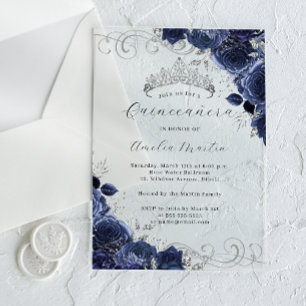 Navy Silber Clear Acrylic Floral Quinceanera Acryleinladungen