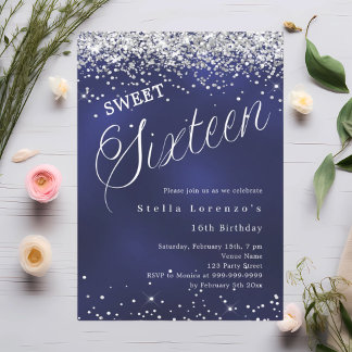 Navy Silber Drehbuch elegante Sweet 16 Einladung