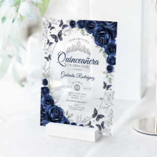 Navy Silber Floral Quinceanera Acryleinladungen