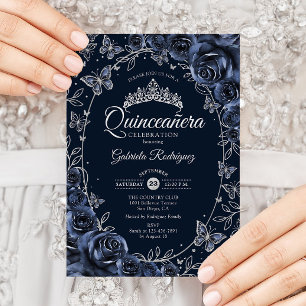 Navy Silber Schmetterlinge Rosen Quinceanera Einladung