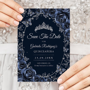 Navy Silber Schmetterlinge Rosen Quinceanera Save The Date
