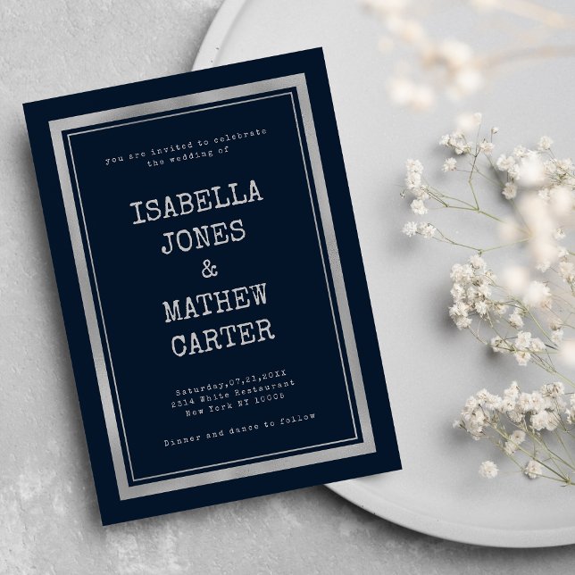 Navy-Silber Schreibmaschine Schriftart rustikale H Einladung (Navy blue silver typewriter font rustic wedding)
