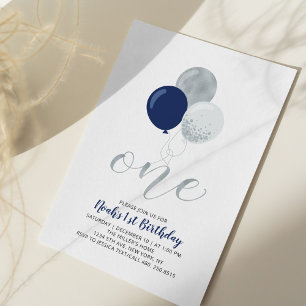 Navy & Silberne Ballons zum ersten Geburtstag eine Einladung